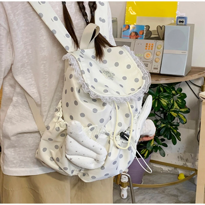 Angel Wings Polka Dot Studenten-Rucksack mit Kordelzug, koreanische süße süße Schultasche aus Nylon, leichte, lässige, geräumige Reisetasche – Detail 16