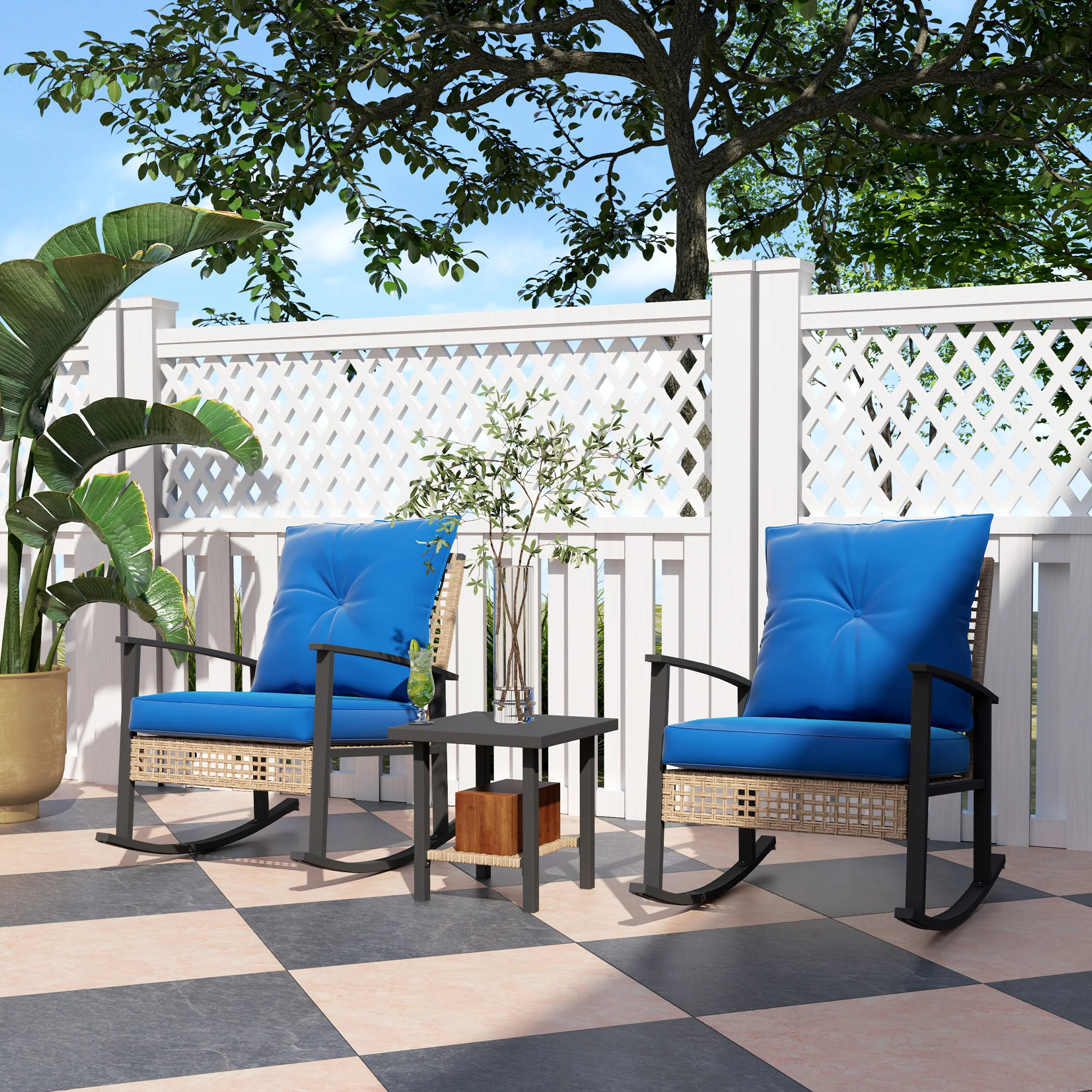 3 Pieces Bistro Set, Patio Wicker Furniture Set with Button Tufted Cushions, Rattan Rocking Chairs, Coffee Table, Blue