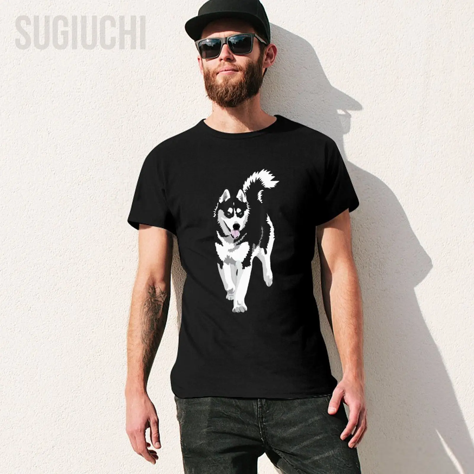 Unisex Men Black And White Siberian Husky Snow Dog Tshirt Tees T Shirts Women Boys 100% Cotton T-Shirt