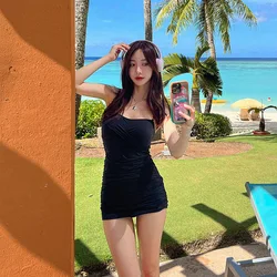2024 Women One Piece Swimsuit Dress Korea Style Tummy Control Beach Wear Slimming Bathing Suit Monokini Badage Swimwear Black