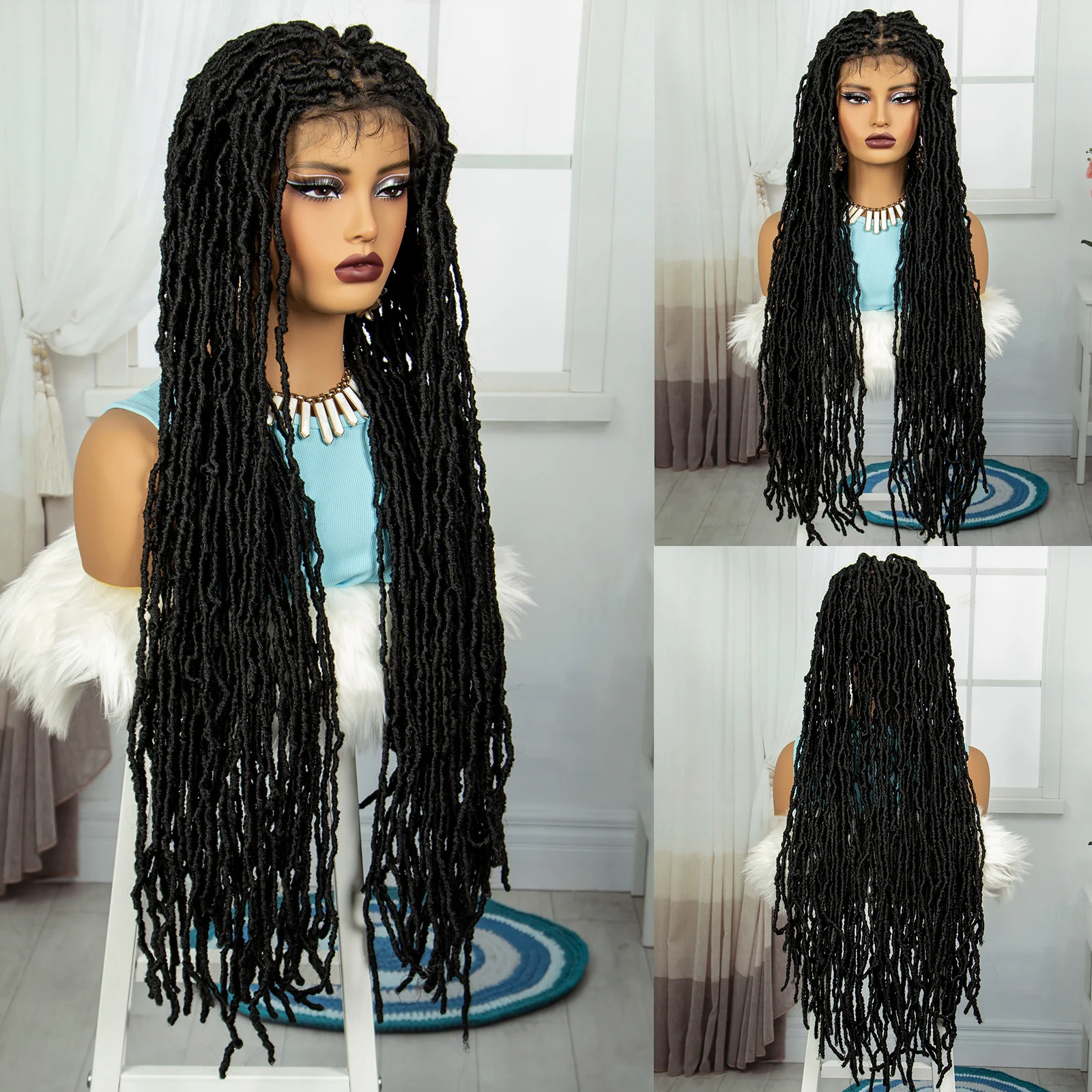 Faux Locs Braided Wigs 36 นิ้วลูกไม้เต็มรูปแบบ Curly โครเชต์ Braids วิกผมสําหรับผู้หญิงสีดํานุ่ม Knotless สังเคราะห์ลูกไม้ด้านหน้า Twist วิกผม