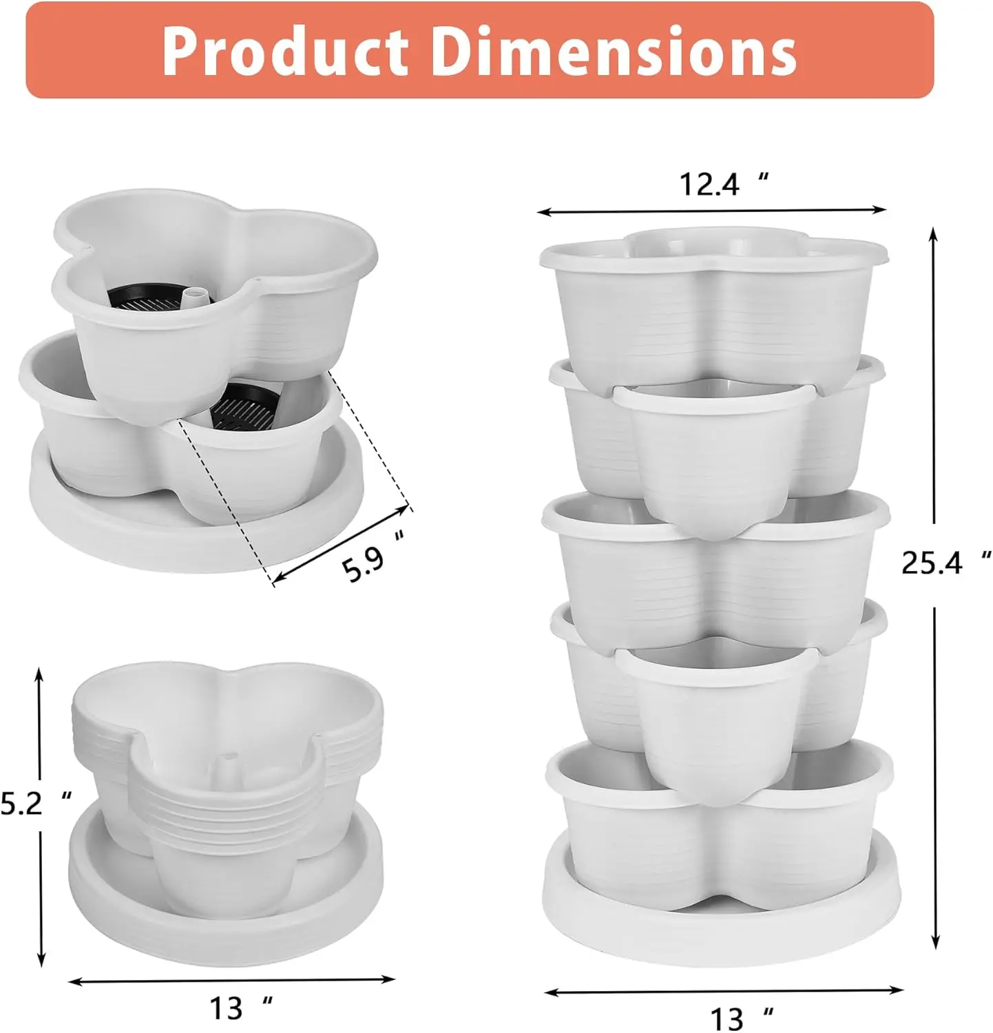 5 Tier Vertical Garden Planter, Self Watering Stackable Planters with Wheels for Strawberries, Herbs, Flowers, Vegetables,White