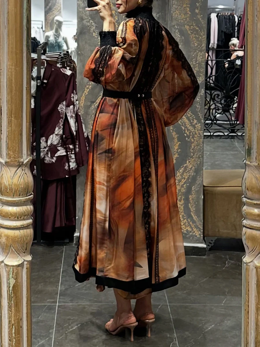 TWOTWINSTYLE Hit Color Sheer Spliced Lace Elegant Dresses for Women High Neck Long Sleeves Patchwork Belt Fashion Dress Female