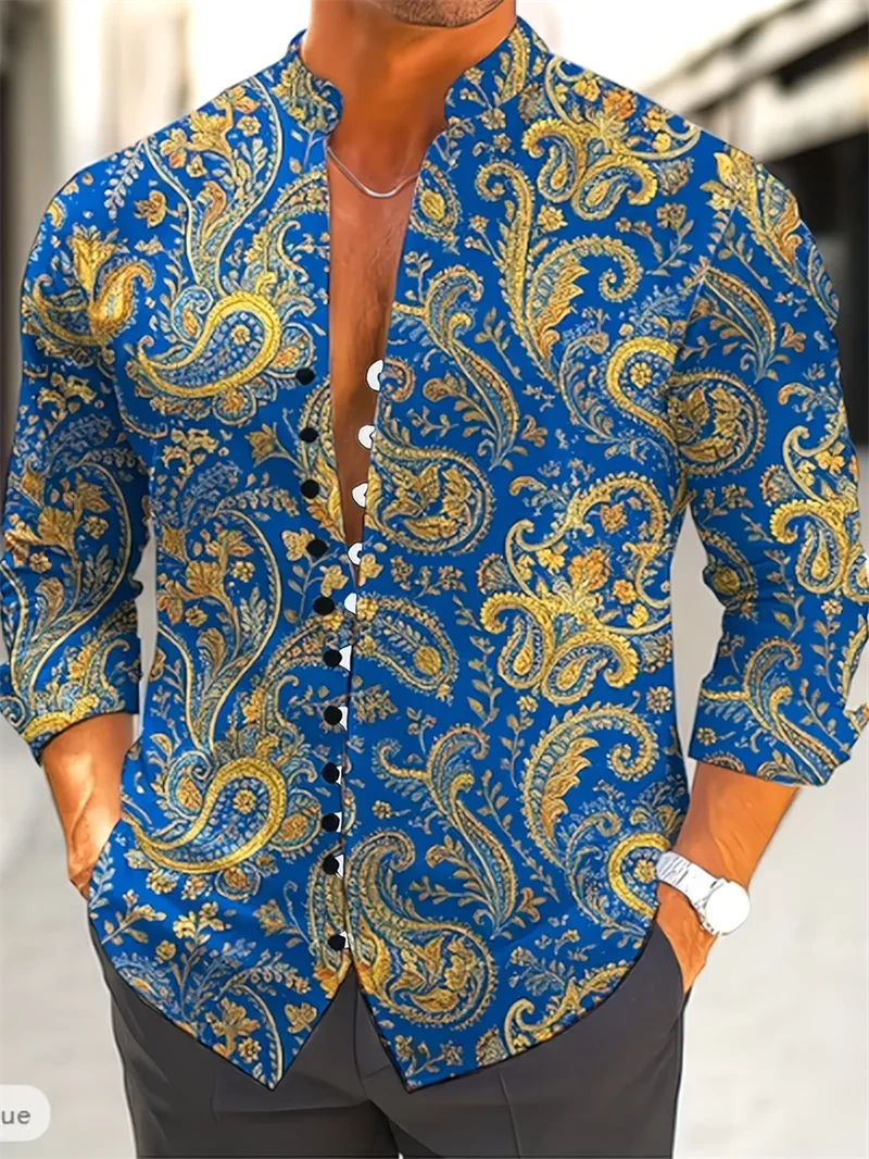 

New silver and yellow flame printed men's long sleeved shirt with 3D printed buckle and glossy surface