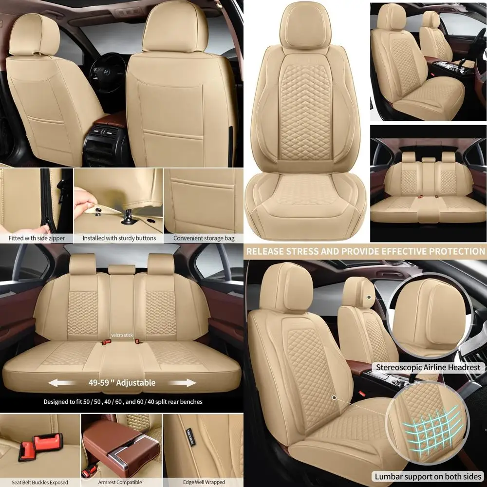 

5-Piece Breathable Leather Car Seat Cover Set, Beige, Compatible with Sedans, SUVs, and Trucks