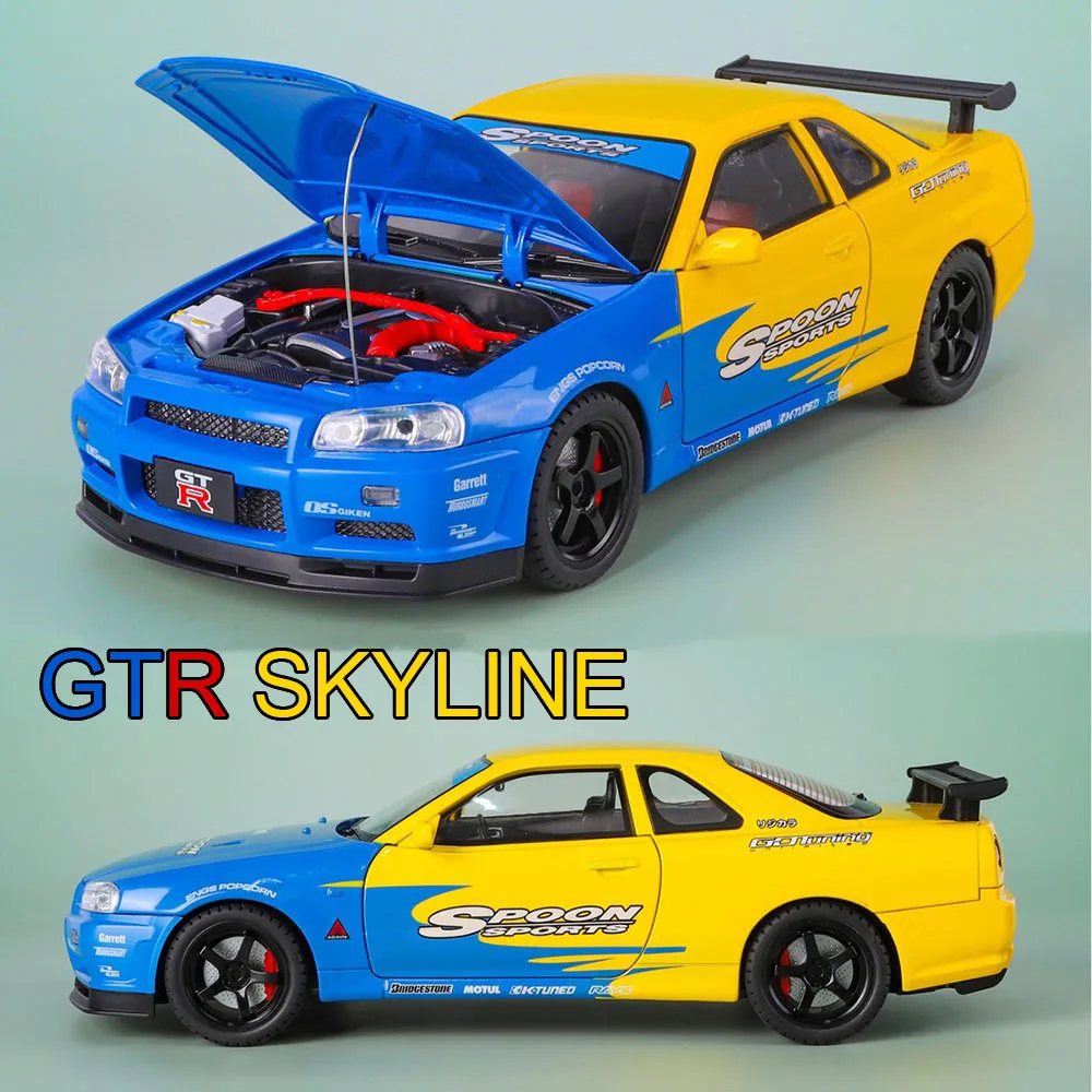 1:18 GTR 스카이라인 스포츠카 합금 장난감 다이캐스트 모델 라이트 음악 미니어처 자동차 슬라이드 전진 차량 남자아이 완벽한 선물