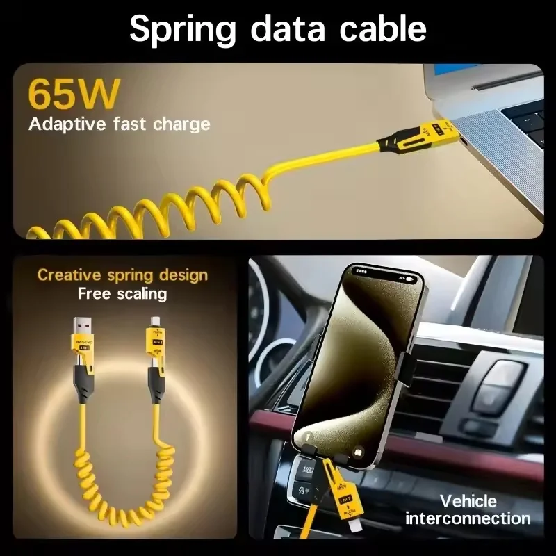 4 in 1 USB C Cable 65W PD Fast Charging 6A Telescopic Short Data Cord Nylon Braided For iPhone 15 14 13 12