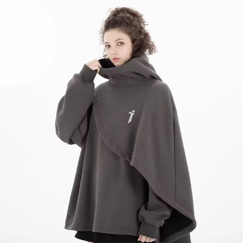 Fashion Cloak Pullovers Hoodies for Women Streetwear Fake Two Piece Loose Turtleneck Long Sleeve Hooded Sweatshirt Harajuku Tops