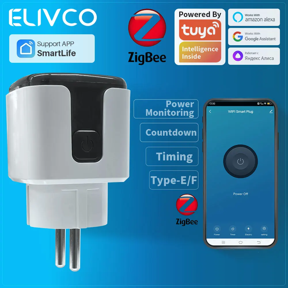 

Умная розетка Tuya Zigbee EU с мониторингом энергопотребления, таймером, голосовым управлением, совместима с Alexa, Google Assistant, Алиса.