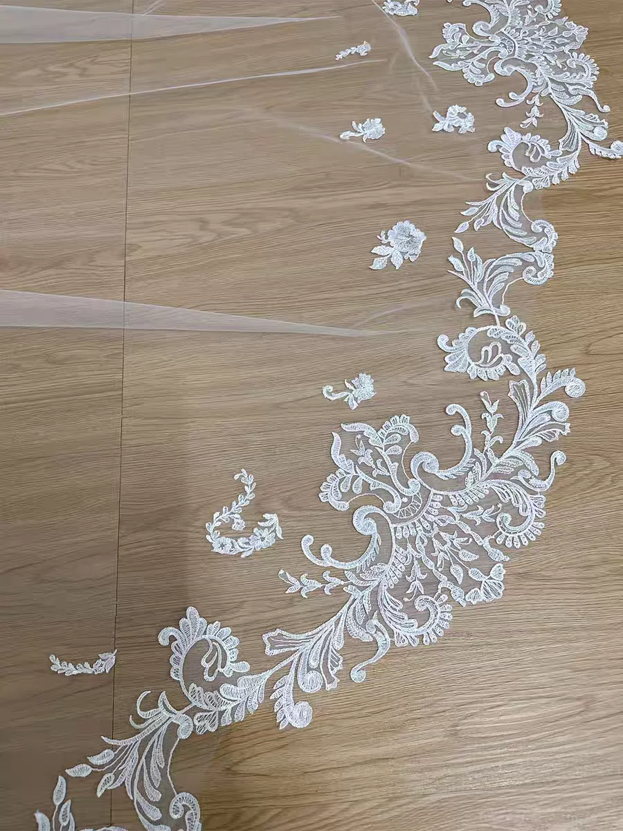 Nuevo velo de novia de 2 capas que puede cubrir la cara, velos de boda de la catedral Welon, velo largo de encaje con borde, velo blanco marfil con peine