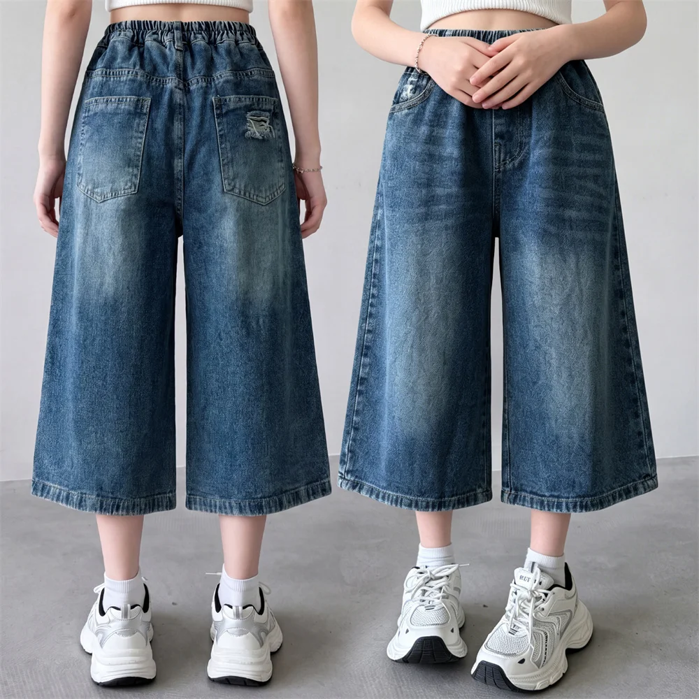 New Summer Kids Children Fashion Wide Leg Vintage Blue Classic Cropped Jeans for Tween Girls Stylish Street Denim Pants Bottoms