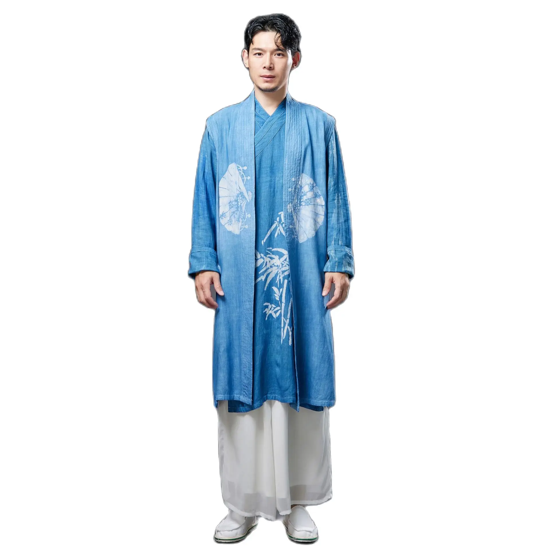 Men's EthnicClothing Blue Print Cardigan male vintage robe Breathable linen Costume Asian Buddhist Suit