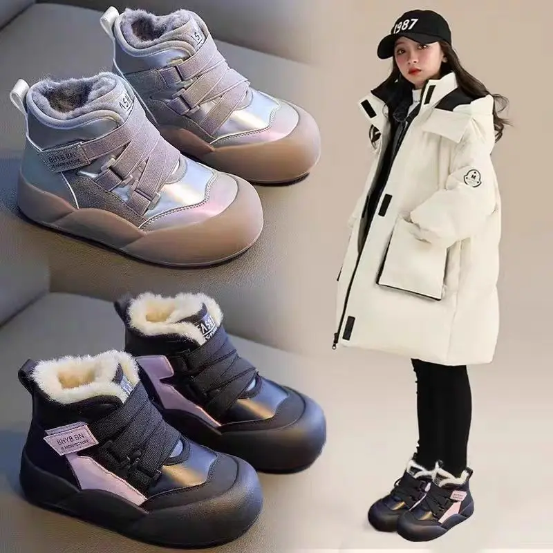

Детские плюшевые зимние ботинки, новинка зимы 2025, Женская водонепроницаемая повседневная обувь, детские Нескользящие теплые хлопковые ботинки