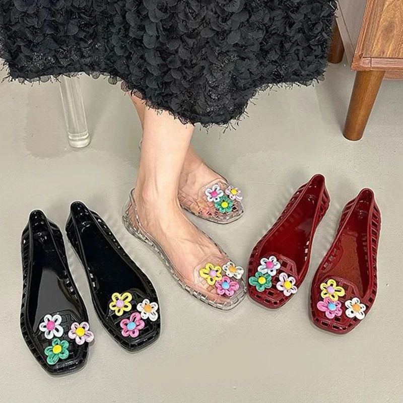 Farbige Blumen Jelly-Schuhe Damen 2026 Sommer Ausgehöhlte DIY Flache Sandalen Transparente PVC Weiche Sohle Eckige Zehen Sandalen