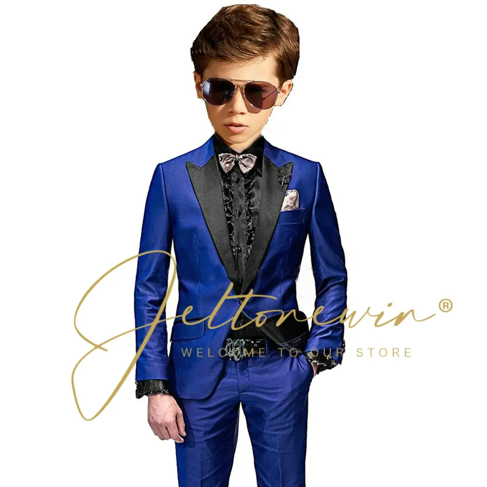 Green Satin Suit For Boys Wedding Tuxedos Jacket Pants 2 Pieces Single Breasted Kids Child Clothes Party Suits