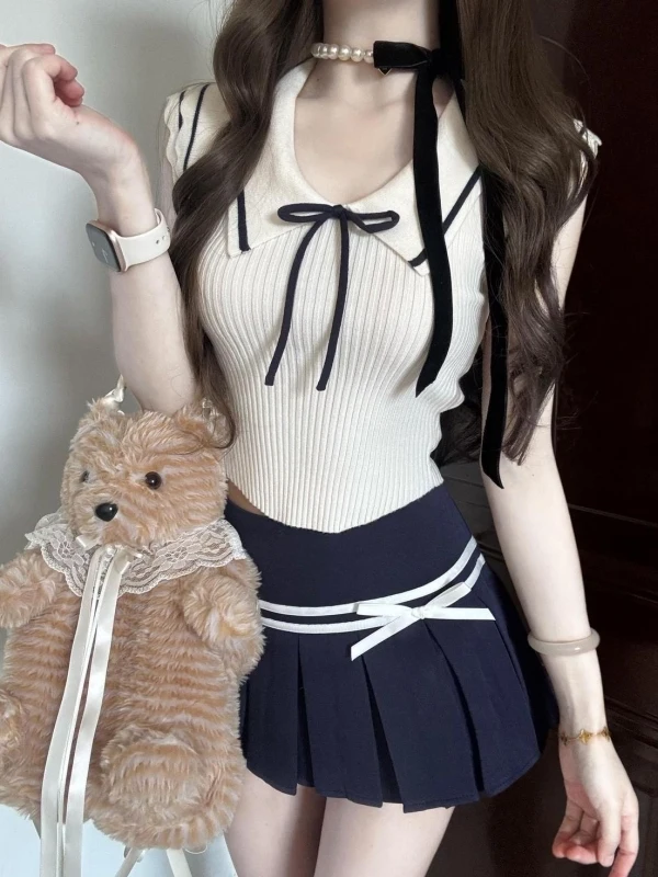 

Korean College Sle orm JK Sweet Personali Knot Knitted Top High Waist Pleated Skirt Two-Piece Set Women's F...