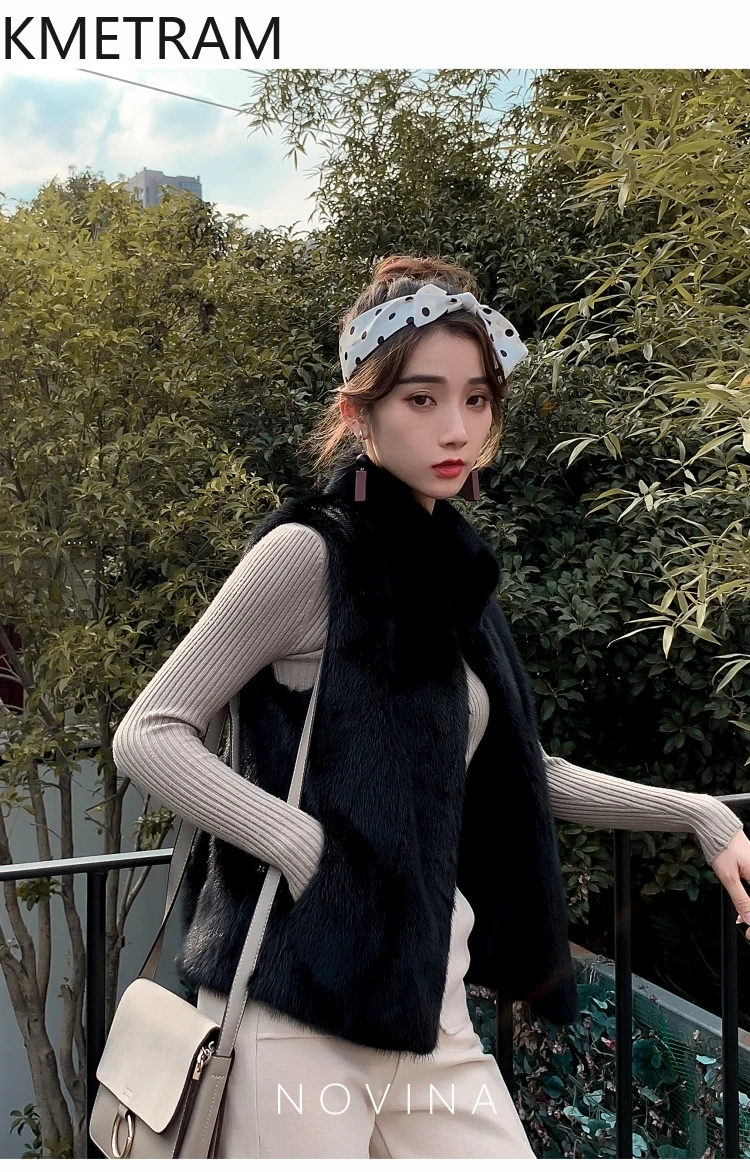 เสื้อขนสัตว์มิงค์แท้ 100% สีดำ คอตั้ง เสื้อขนสัตว์ผู้หญิง เสื้อผ้าฤดูหนาว แขนกุด เสื้อโค้ทขนสัตว์แท้ 2025