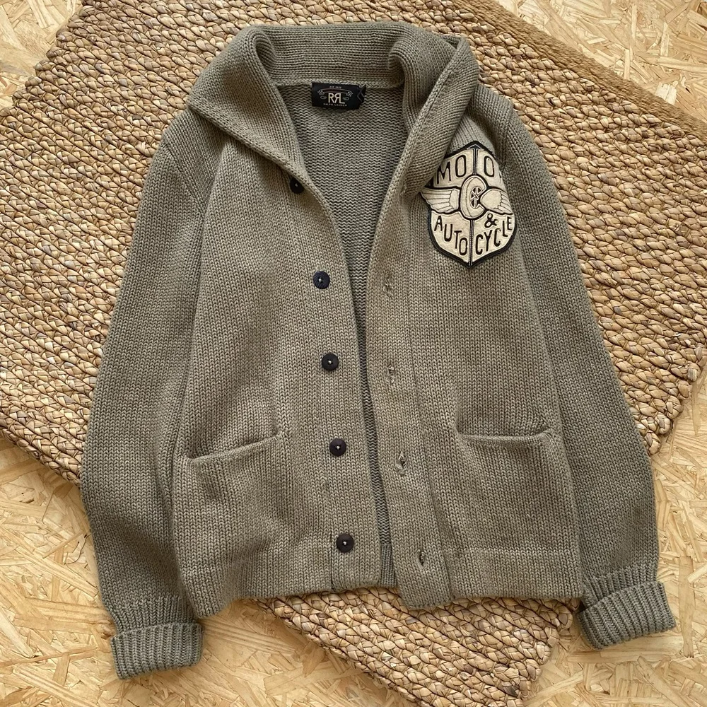 RRL American retro green collar pure cotton knitted cardigan sweater Double RL badge jacket