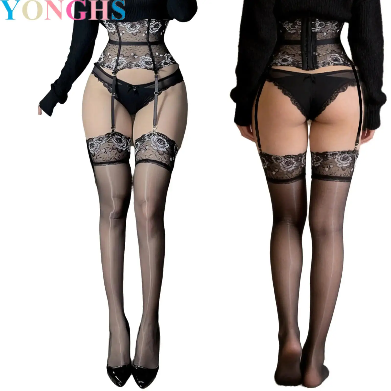 Women Adjustable Floral Lace Fishbone Corset with Three Row Hook And Eye Closure And Garters Thigh High Stockings