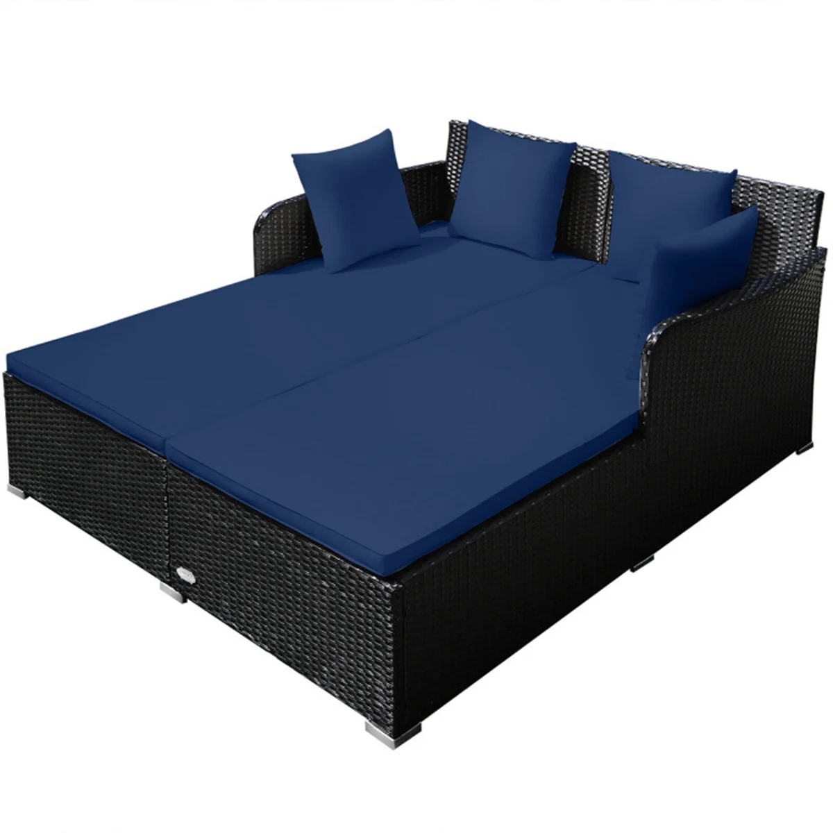 

Navy Outdoor Rattan Daybed with Upholstered Cushions Metal Bed