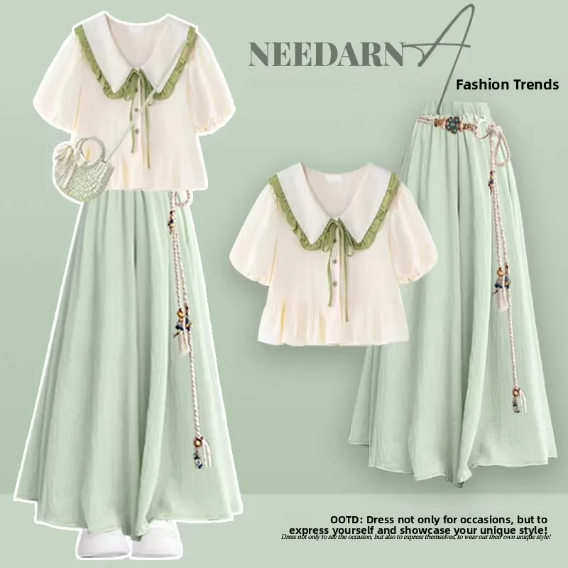 

Art Student Bright Dopaamine Beautiful Waist-Cut Dress Summer Vacation Green Dress Fashionable College Style