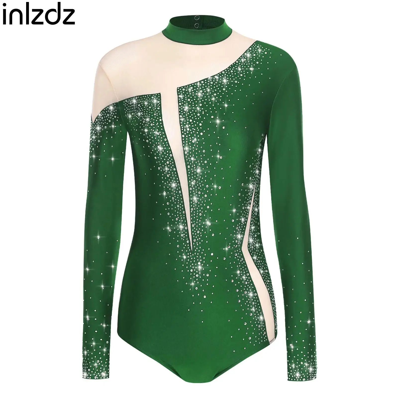 

Womens Rhinestones Gymnastics Dance Leotard for Swimsuit Long Sleeve Sheer Mesh Bodysuit Ballet Figure Skating Performance Wear