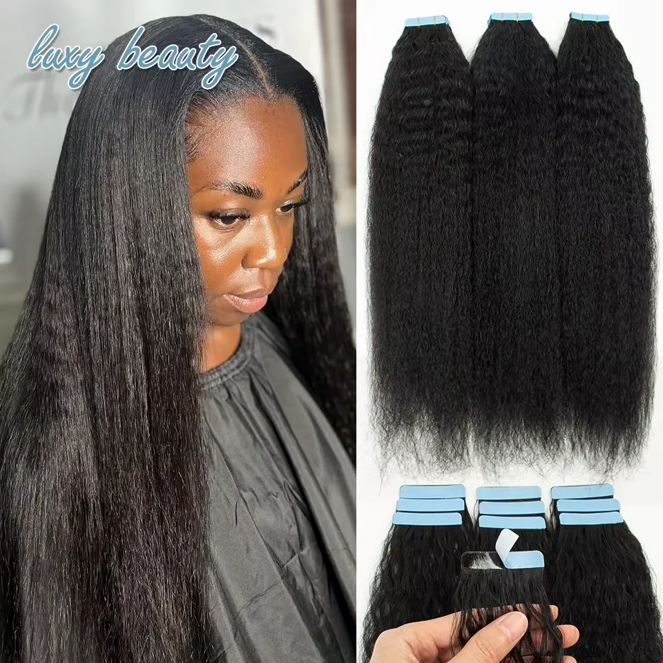 Kinky Straight Tape In Human Hair Extensions 100% Remy Tape in Hair Adhesive Invisible Brazilian Natural Black 12