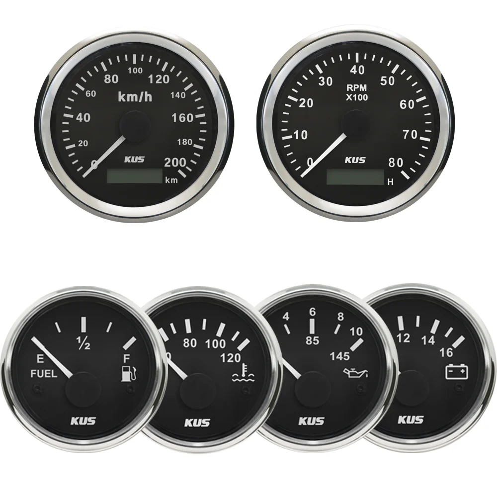 KUS Car Universal 85mm 0-200km/h GPS Speedometer Tachometer + 52mm Water Temp Oil Pressure Fuel Level Meter Voltmeter 12V