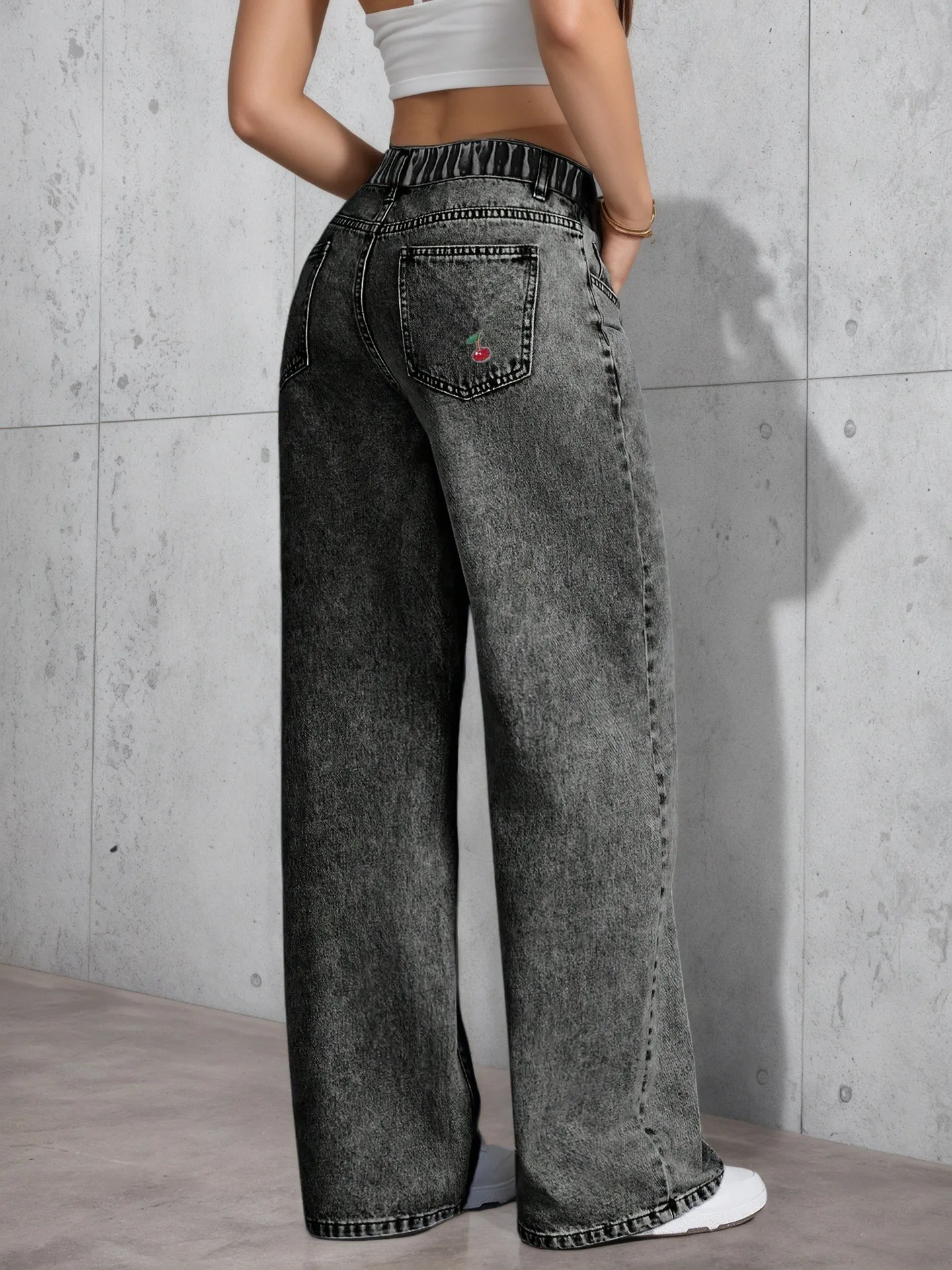 

Denim Wide Leg Pants Women Jeans Embroidery High Waist Distressed Washed Pockets Vintage Floor Length Trousers 2026 Streetwear