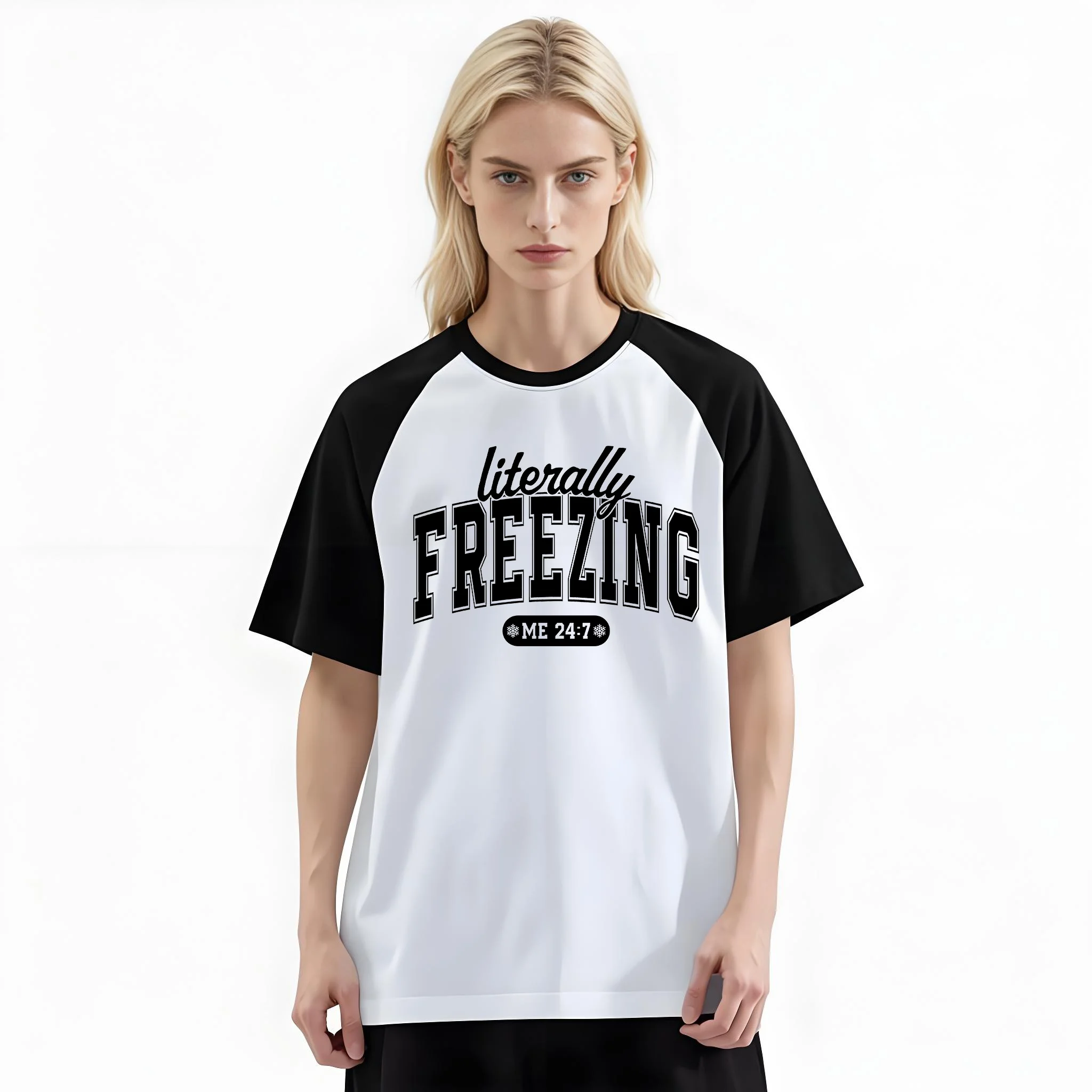 Women'S Fashion Raglan Sleeve T-Shirt, Literally Freezing Me Printed, Summer Casual Comfortable Tee, Women'S Everyday Short-Sleeve Top
