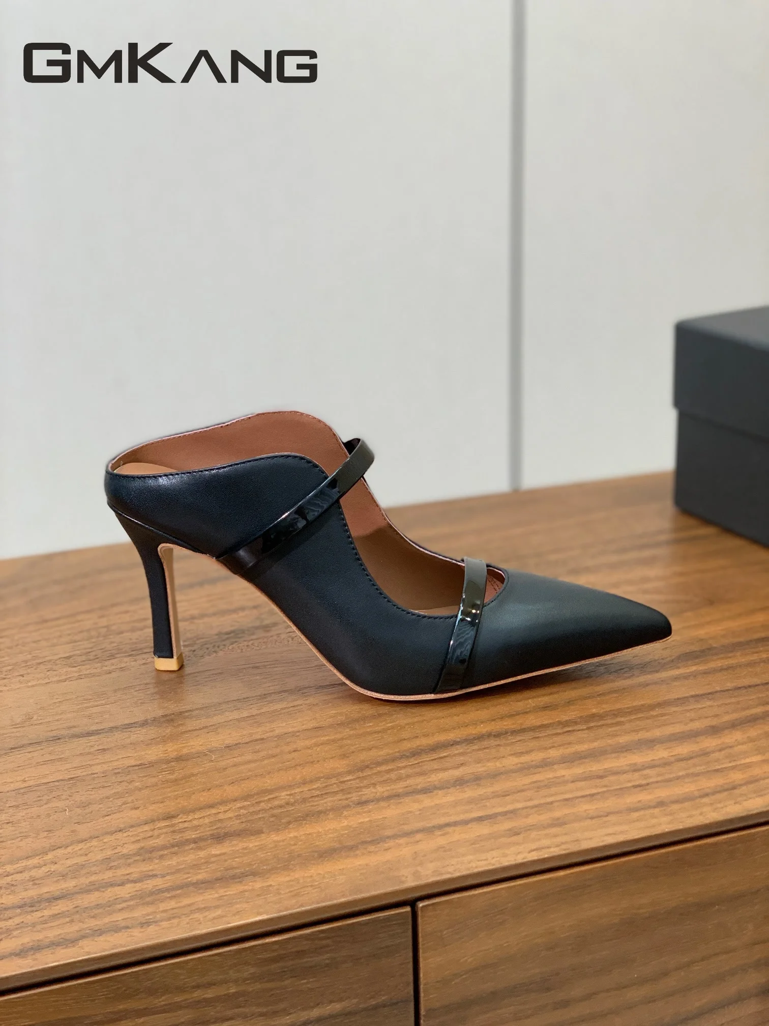 Women Leather Pointed Toe Mules Double Thin Strap Stiletto Heel Slides Elegant Office Wedding Party Slip On High Heel Sandals