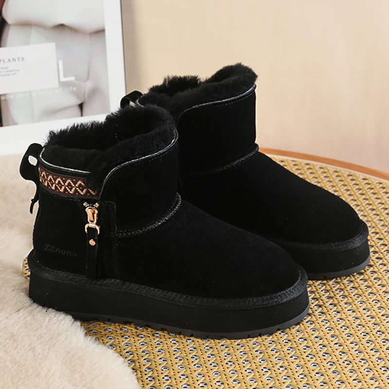 Imitation Wool Winter Snow Boots Women Thicken Plush Warm Cotton Padded Shoes Woman Fashion Striped Thick Platform Ankle Boots