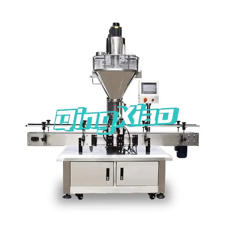 Máquina de llenado vibratorio con elevador de tornillo sin fin para especias, soja, café, té, calcio, cosméticos, polvo de mascarilla seca y llenadora de botes con tolva