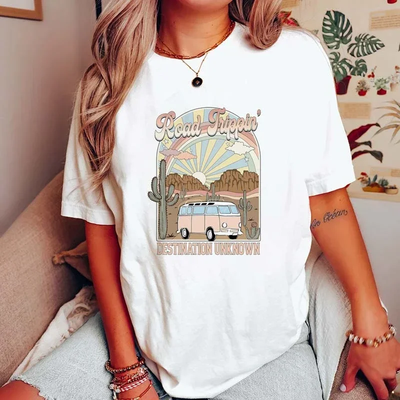 Plus Size Women Clothing Road Trippin Graphic Shirts Cotton T-shirt Fashion Short Sleeve Female Tee Vintage Grunge Aesthetic Top