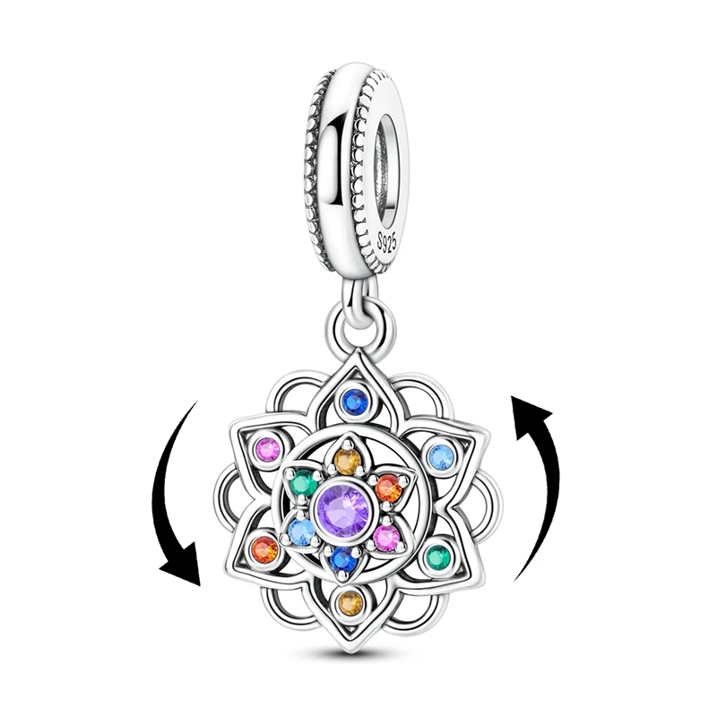 

925 Sterling Silver Charms Bead CZ Zircon Spinning Colorful Lotus Dangle Fit Original Bracelet DIY Women Jewelry