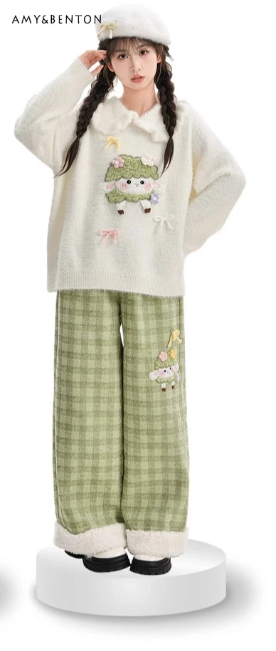 

2025 Autumn Winter New Fresh Green High Waist Plaid Trousers White Lapel Cute Lamb Print Long Sleeve Soft Comfortable Sweater