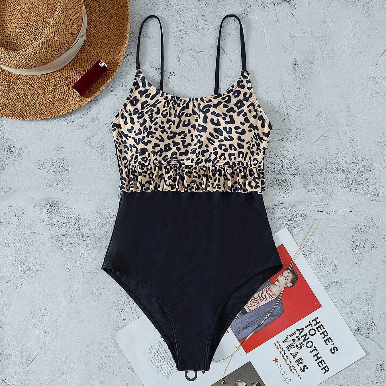 Women's Leopard Patchwork Print Cami One-piece Swimsuit, Casual Ruffle Trim Adjustable Spaghetti Straps Swimwear, Lady's Summer