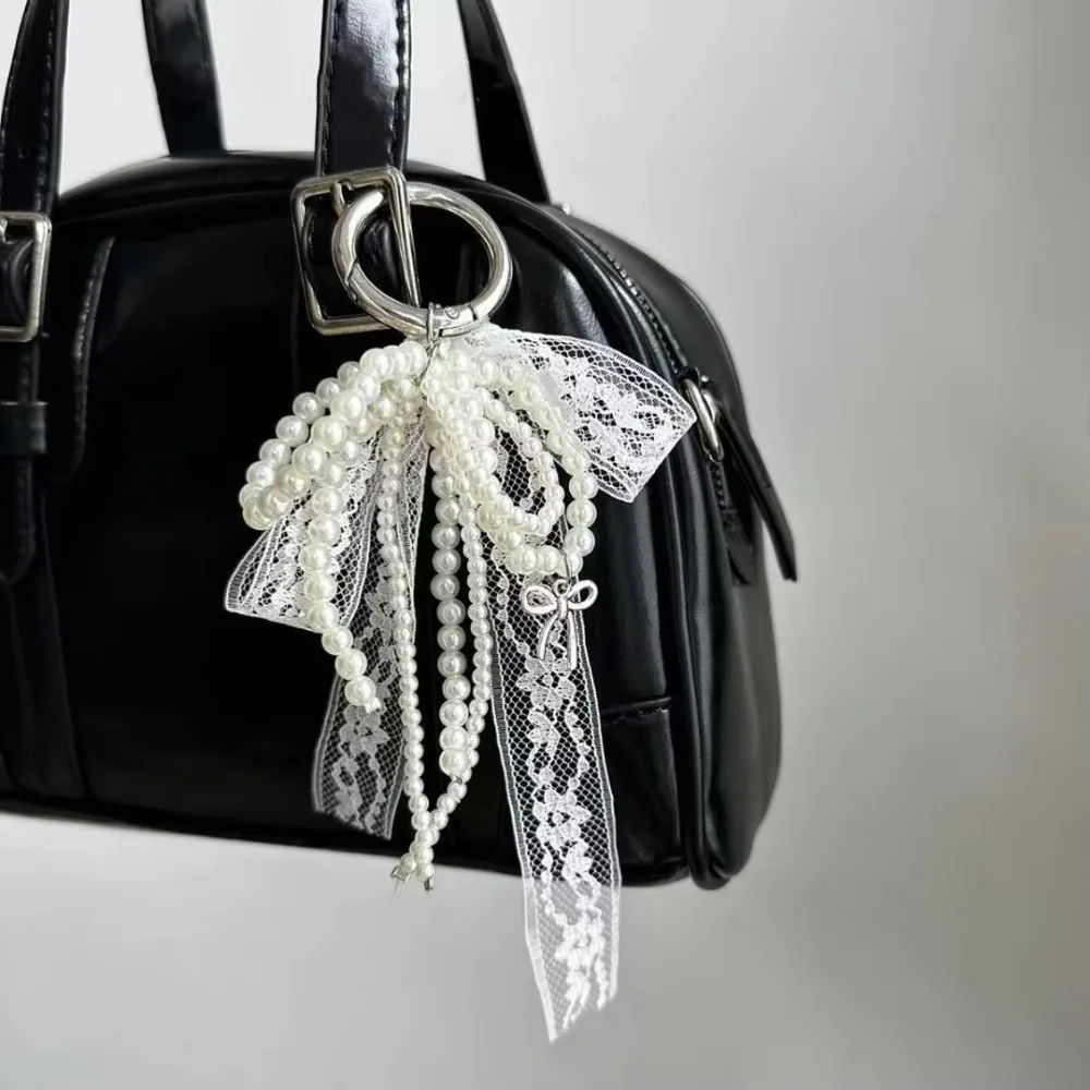 Korean Lace Keychain Bow White/Black Pearl Beaded Pendant Bag Pendant Gift