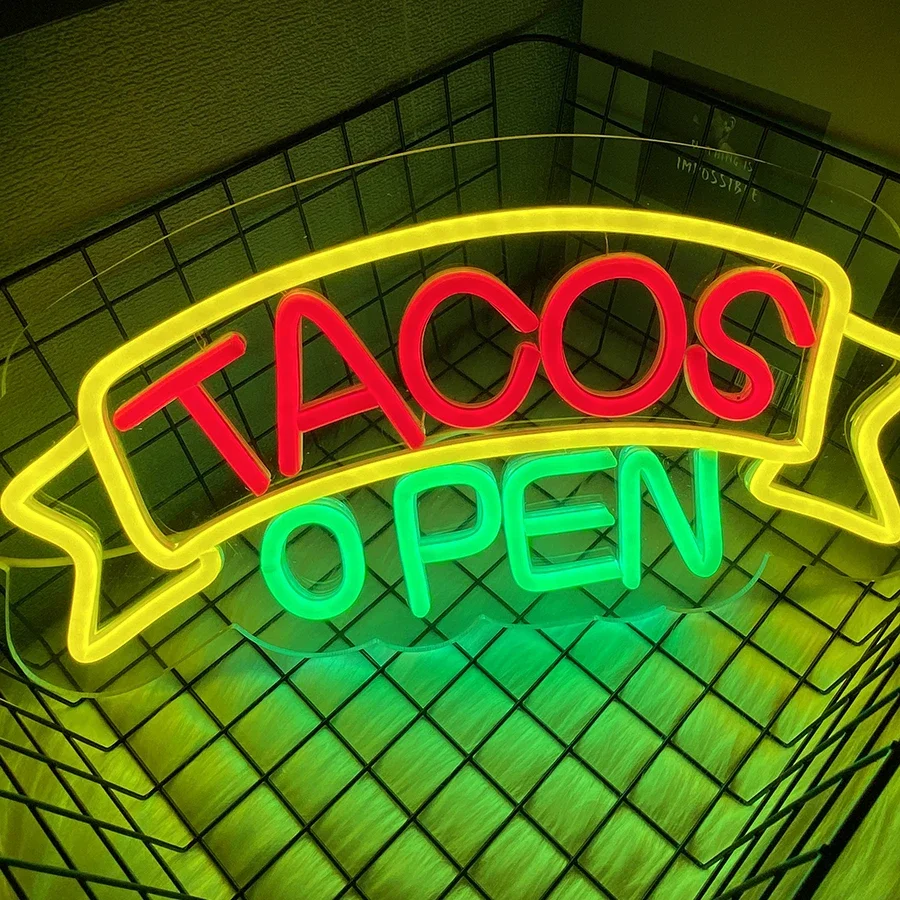 علامة التاكو LED للأعمال، ضوء تاكو مفتوح لديكور المطاعم، لافتة مفتوحة LED لعرض الإعلانات الكهربائية لتزيين الحائط