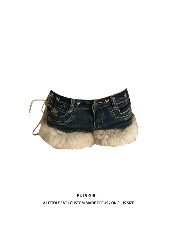 

Женские зимние джинсовые шорты с низкой талией, с отделкой из искусственного меха, облегающие, с эффектом подтяжки ягодиц, в уличном стиле, повседневные, модные