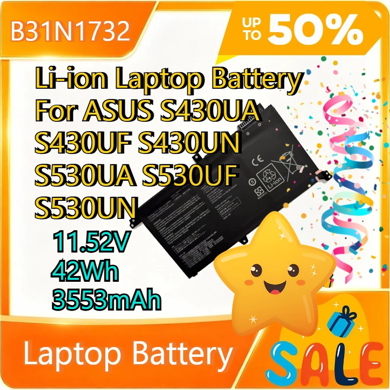 Аккумулятор для ноутбука ASUS S430UA S430UF S430UN S530UA S530UF S530UN, Li-ion, 11.52V, 42Wh, 3553mAh, модель B31N1732