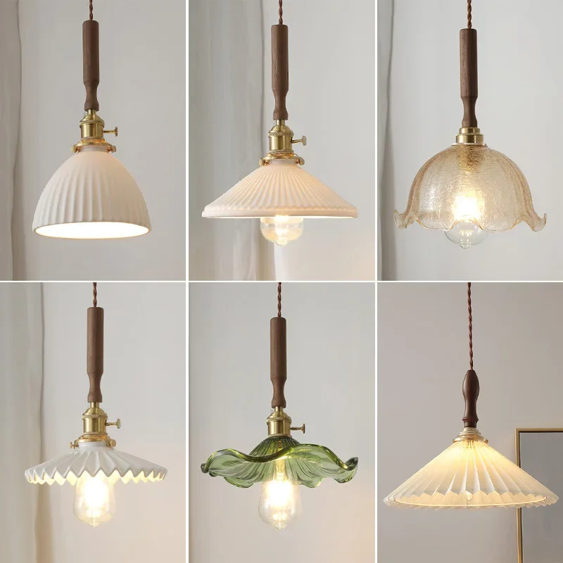 Art Retro Glass Pendant Lights with Brass E27 Base Bedside Kitchen Nordic Hanging Lamp Island Decoration Luminaria