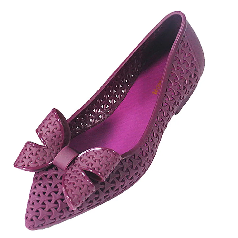 1 paar Spitz Frauen Schuhe Lila Größe 37 Aushöhlen Bowknot Flache Ferse Wasserdicht Casual Strand Sandalen Frauen Schuhe