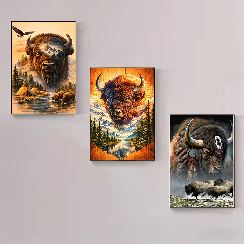 5D DIY 3Pcs Frameless Diamond Painting Animals Highland Cattle Cow Full Square Round Triptych Handmade Crafts Diamond Embroidery