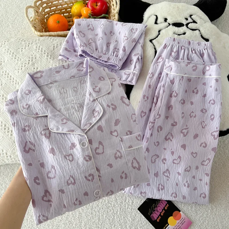 Trendy Instagram-Style Leopard Heart Cloud Cotton Pajamas for Women, Summer Short-Sleeve Homewear Three-Piece Set, Real Shots