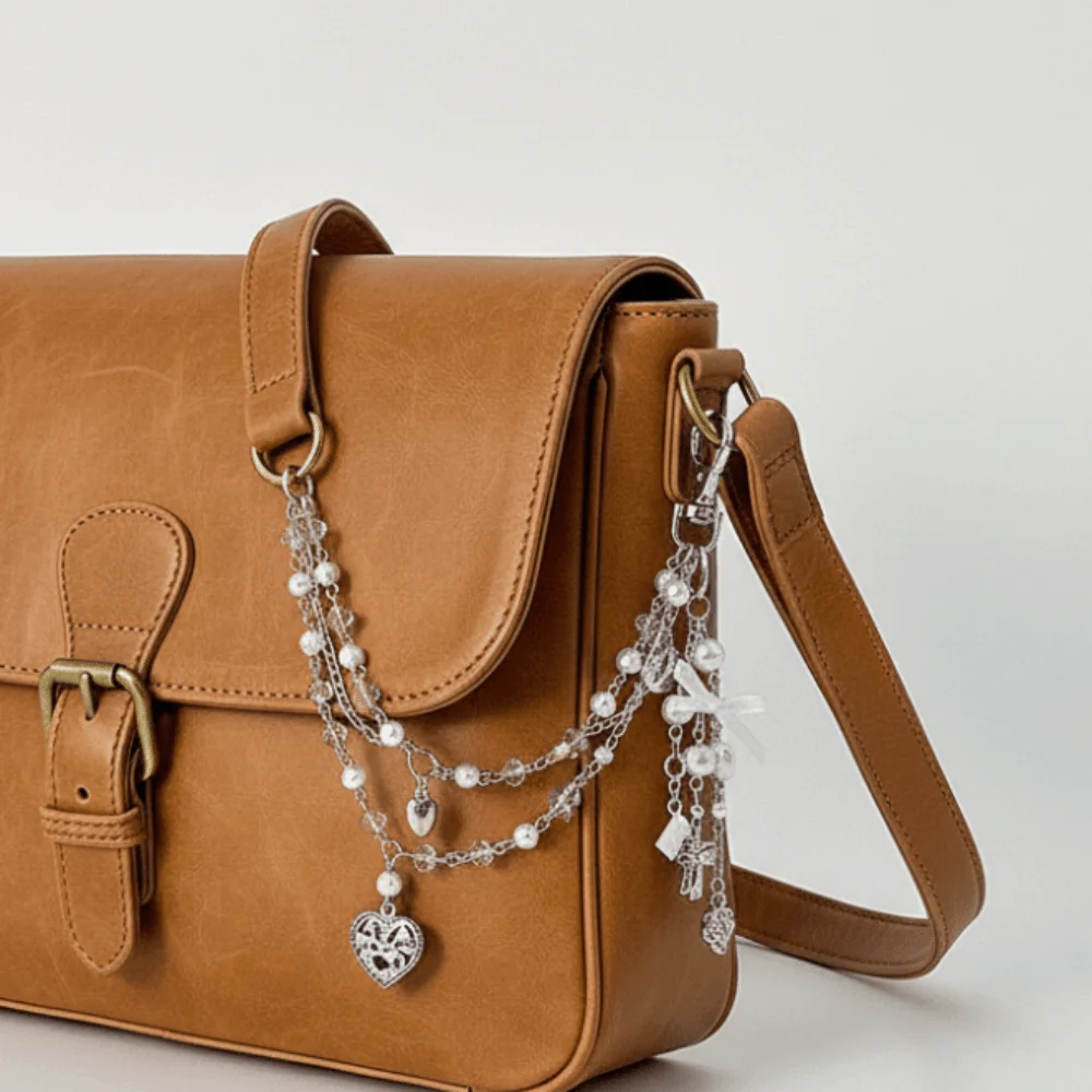 

Gift Sweet Imitation Pearl Accessories Trendy Multi-layer Design Acrylic Bag Chain Metal Material Heart Beaded Keychain DIY