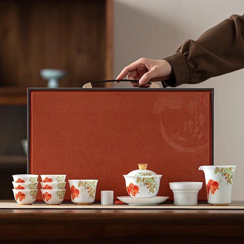 Ice Jade Porcelain Gold Jade Mantang Tea Ceremony Gift Set Covered Bowl Tea Cup Home Gift Complete Tea Set for Leaders Souvenirs