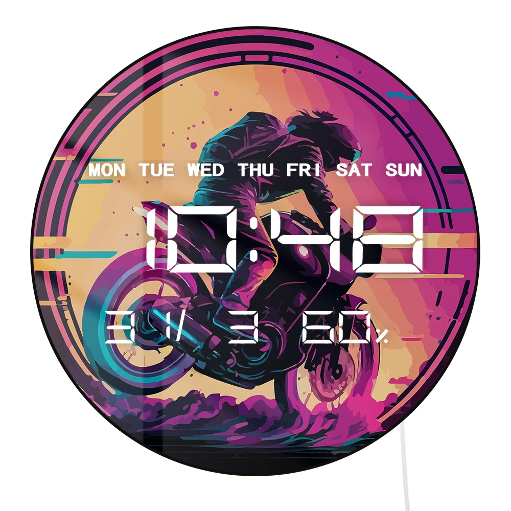 Motorbike Synthwave Motorcycle Electronic Wall Clock Large Number Digital Display Auto Dimming Calendar Display 12/24hr Format