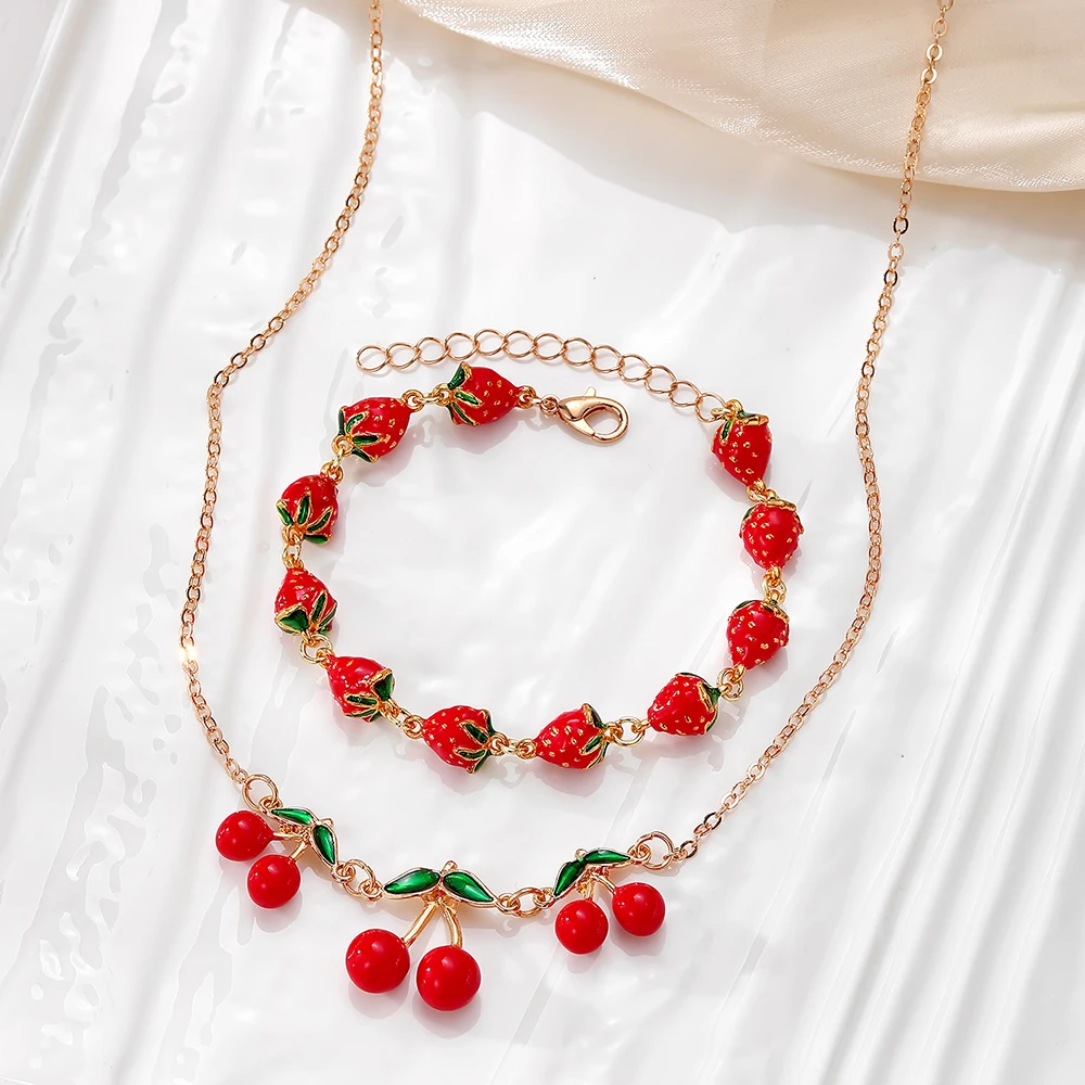 2-Piece Set of Bracelets and Necklaces Kpop Japanese and Korean Style Jewelry Set Summer Cute Cherry Pendant Necklace Elegant and Light Colorfulful Fruit Drape Earrings Daily Wear Party Gifts