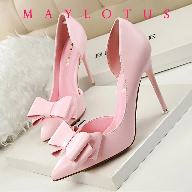 

10.5cm Heel Korean Fashion Women's Shoes Wedding Bow High Heels Stiletto Heels Shallow Pointed Head Side Empty Thin Shoes